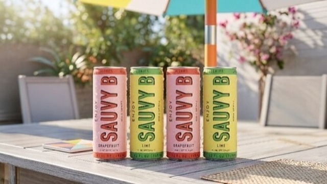 Two Sauvy B Grapefruit and two Sauvy B Lime flavor cans aligned with each other in an alternating arrangement on a picnic table with umbrella and seating, with a background of flowering vines and foliage, trees, fencing, and house wall